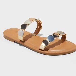 Mixed metallic silver & gold embellished double strap sandal slides